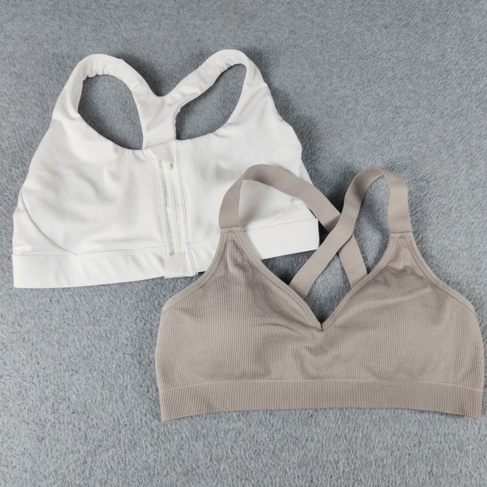 Avia Activewear Sports Bra Womens Large White Taupe Nylon Racerback Lot of 2